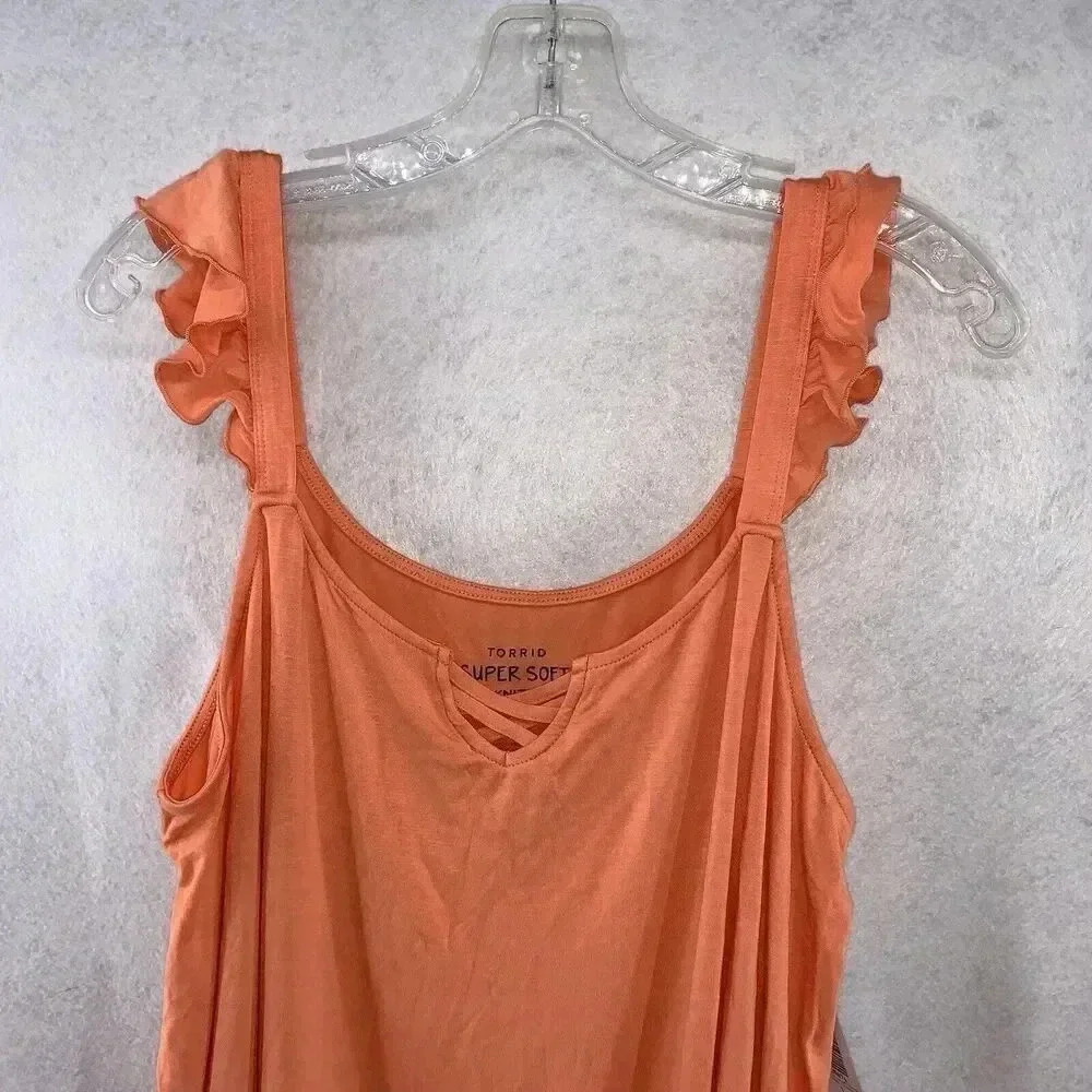 NWT Torrid Super Soft V-Neck Lace-Up Ruffle Tank Top Coral Orange Size 1 (14/16) - Picture 2 of 4